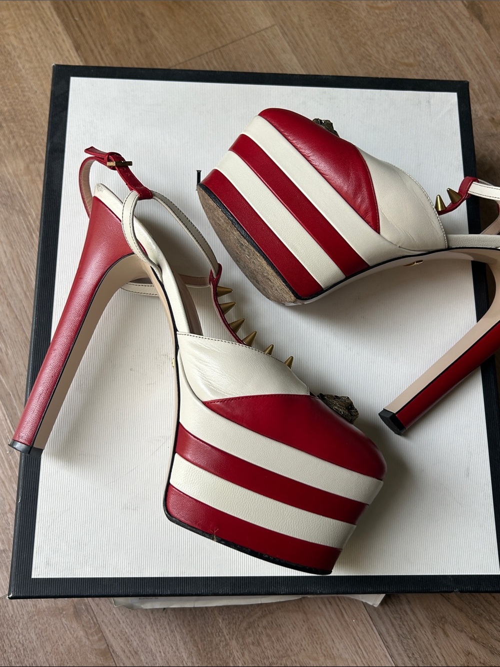Gucci Red and White Stripe Platform Heels with Stud and Emblem Detail - Picture 9 of 13
